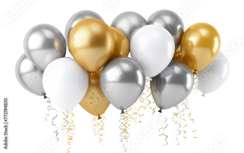 A festivity of silver and gold balloons gleam in the air, adding a touch of elegance to the atmosphere