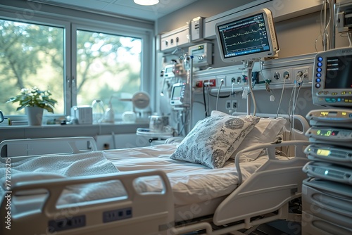 A hospital room with a ventilator and medical monitors for critical care patients