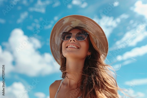 Radiant Beach Bliss: Joyful Woman Enjoying Sunshine © FU