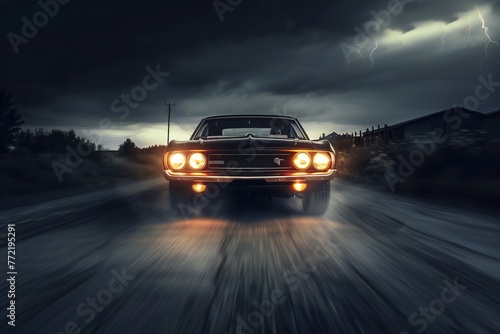 car driving in the night, terrifying car with headlights © Sergei