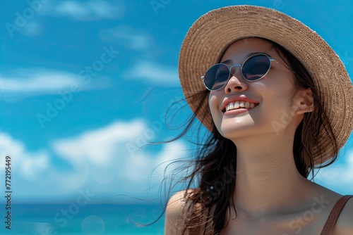 Radiant Beach Bliss: Joyful Woman Enjoying Sunshine