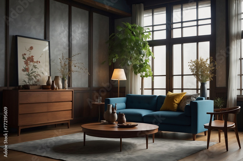 Stilvolle Wohnzimmereinrichtung mit blauem Sofa und Holzelementen im Vintage-Stil