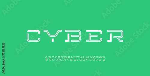 Technology cut stencil font, digital cyber alphabet, striped letters A, B, C, D, E, F, G, H, I, J, K, L, M, N, O, P, Q, R, S, T, U, V, W, X, Y, Z and numbers 0, 1, 2, 3, 4, 5, 6, 7, 8, 9, vector illus