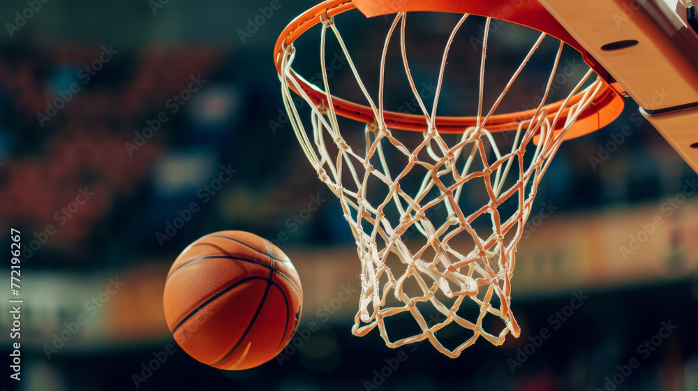Close-up of a basketball hitting the basket against a bokeh background. Sports event concept. Generative AI