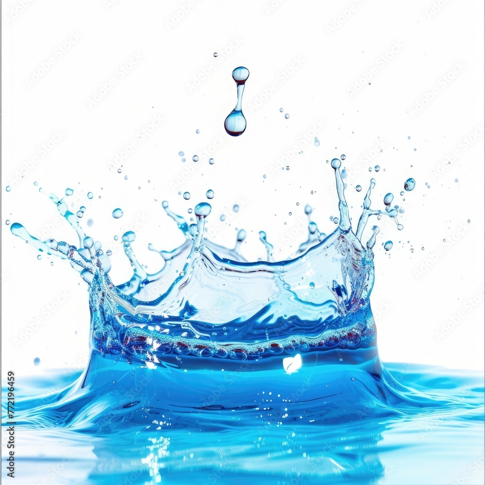 a high-speed capture of a water splash, with droplets suspended in mid-air and a crown-like formation at the center.
