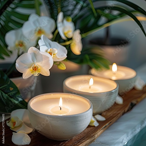 Serene spa ambiance with white orchids and softly lit candles in ceramic bowls.