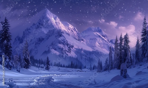 A tranquil snowy landscape under a starry night sky, with majestic mountains and tall pine trees.