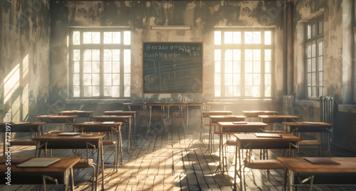 interior of a old classroom with a chalkboard photo