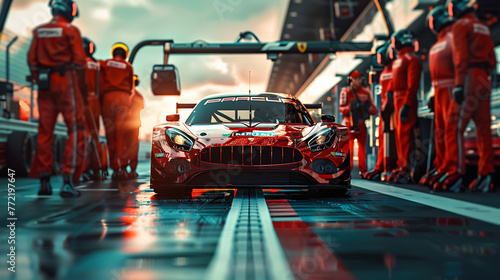 Professional pit crew ready for action as their team's race car arrives in the pit lane during a pitsstop of a car race. Generative Ai photo