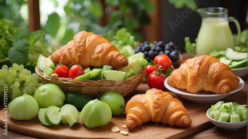 food on a table croissant, fresh veggies, fresh food, and hornbill honeydew 