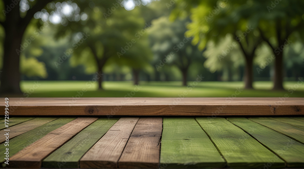 Empty wood table in front of green mountain and blue sky at summer blurred background.generative.ai