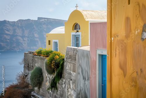 Santorini, Greece. Picturesq view of traditional cycladic Santorini houses on small street.