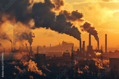 Power plant polluting environment with smoke and smog. Global warming concept photo