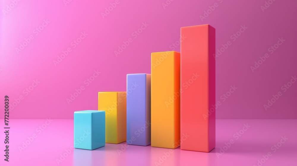 3D Rendered Colorful Graph Bars on Pink Background with Shadows 3D Rendered Colorful Graph Bars on Pink Background with Shadows