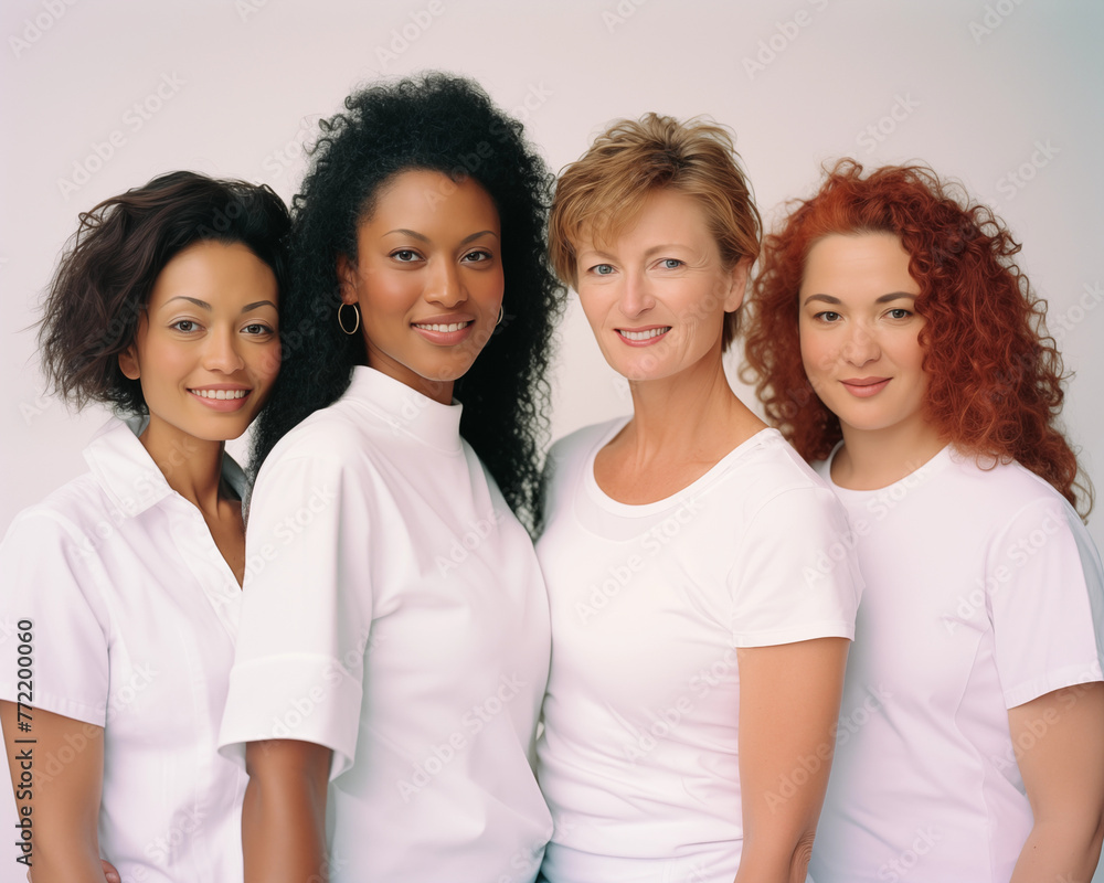 Group portrait of beautiful ladies with different skin and hair color. Woman's day. Group portrait of beautiful ladies with different skin and hair color. Woman's day.