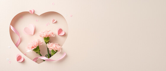 Elegant Mother's Day theme, overhead shot of carnations, silk ribbon, paper hearts, and contemporary confetti, framed by a heart-shaped opening on a pastel beige canvas, placeholder for greetings