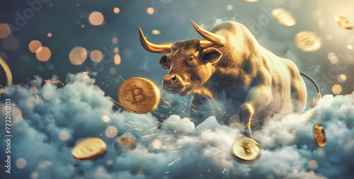 Bitcoin bull market concept with golden bull in clouds and bitcoin coins illustration © andreusK