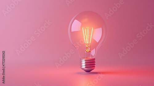 Glowing light bulb with pink tint on matching background minimalistic concept 