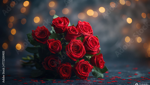A bouquet of red roses on the table, dark background with bokeh lights. Created with Ai