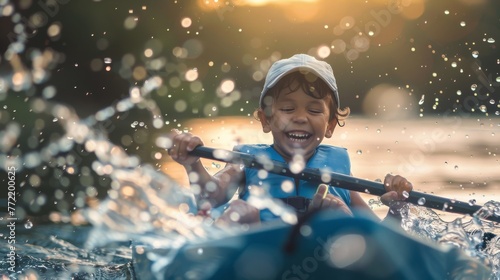 Happy Young Boy Enjoying Kayaking at Dusk © Parintron