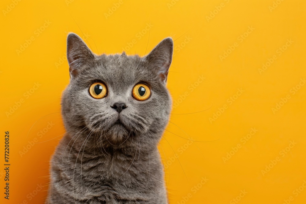 funny british shorthair cat portrait looking shocked or surprised on orange background with copy space - generative ai - obrazy, fototapety, plakaty 