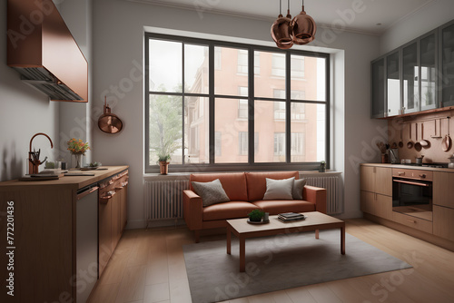 A living room filled with furniture and a large window  an ambient occlusion render