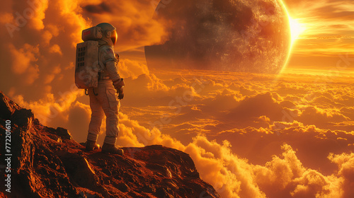 Astronaut Overlooking Sunset on Alien Planet