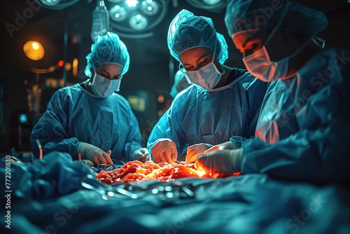 A surgeon performing a complex organ transplant surgery in an operating room photo