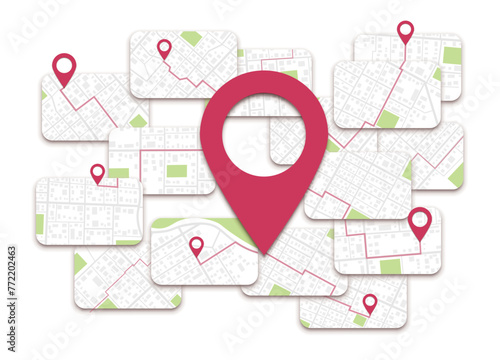 Navigation system showing a tracking navigation in progress in the streets on app screen. Choose route and location with GPS map app. Vector illustration on white background