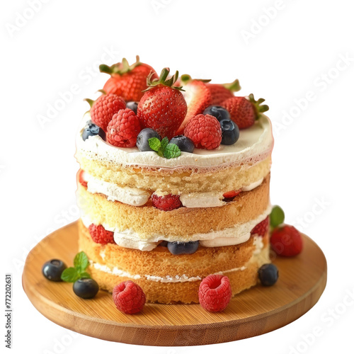 Fruittopped cake with strawberries and blueberries, perfect for dessert on a transparent background photo