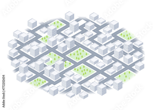 Cityscape, featuring numerous buildings and trees. 3D buildings of various sizes in city. Vector illustration on white background