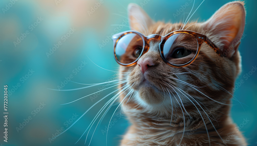A cute ginger cat wearing sunglasses, blue background, high definition photography style. Created with Ai