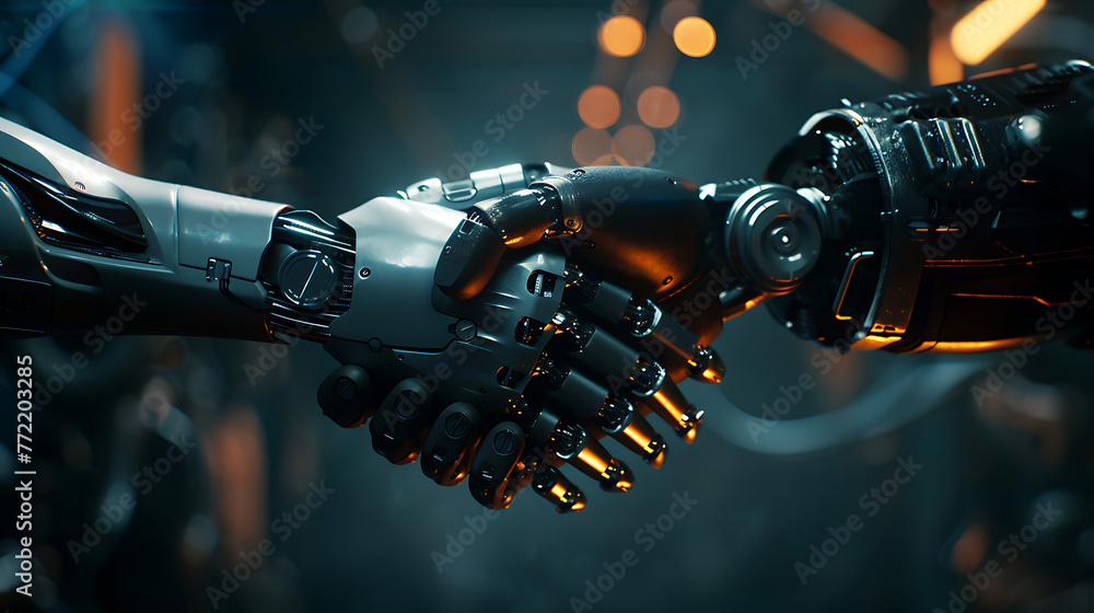 Someone is shaking hands with a robot in the dark. Generative Ai Someone is shaking hands with a robot in the dark. Generative Ai