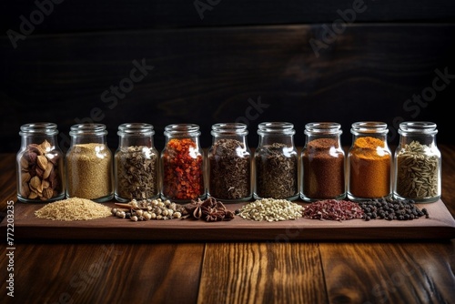 Transparent jars of spices on a wooden table are displayed in a row, on a dark background.