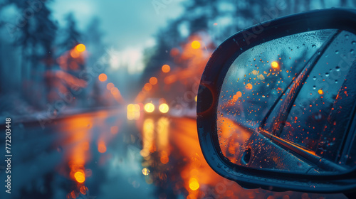 Car mirror in rain, reflection, dusk, driving, dark