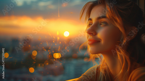 Woman looking out window at sunset, smiling, lifestyle, portrait © antkevyv