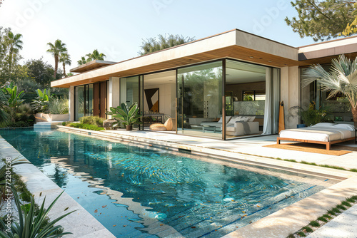 Modern home with pool in the backyard, designed in the style of Westiger and features large windows that open to an outdoor patio area with seating, light colored wood accents. Created with Ai © Visual