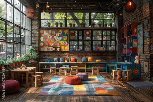 A photo of an industrialstyle interior design for children's playroom, featuring raw brick walls and large windows with natural light. Created with Ai photo