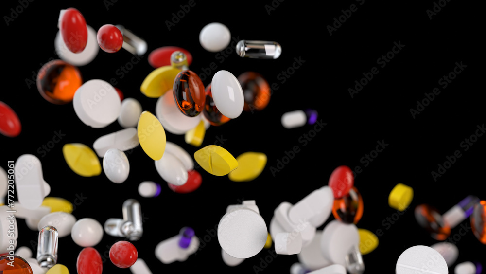 An array of pills and capsules defy gravity on a dark background, symbolizing health and medical innovation.