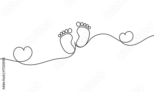 Tiny foots. Baby footprint. One single line drawing of feets isolated on white background. Beautiful hand draw design vector illustration for posters, wall art, tote bag, mobile case, t-shirt, Logo. 
