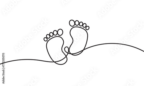 Tiny foots. Baby footprint. One single line drawing of feets isolated on white background. Beautiful hand draw design vector illustration for posters, wall art, tote bag, mobile case, t-shirt, Logo. 