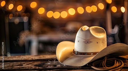 A cowboy hat is sitting on a wooden table. The hat is white and has a brown band around it. The table is surrounded by lights, giving the scene a cozy and warm atmosphere