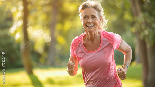 Active Sporty Middle-Aged Woman Jogging in the Park
