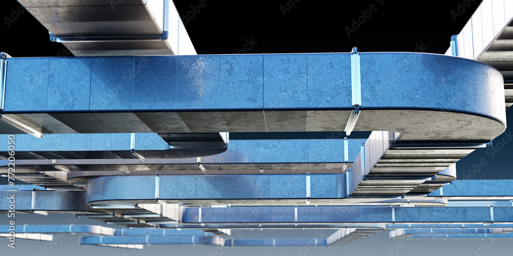 Air-conditioning ducts. Industrial background. Square steel pipes. Ventilation equipment. Aluminum conditioning ducts. Background for factory ads. Ventilation technologies. Texture, pattern. 3d image - obrazy, fototapety, plakaty 