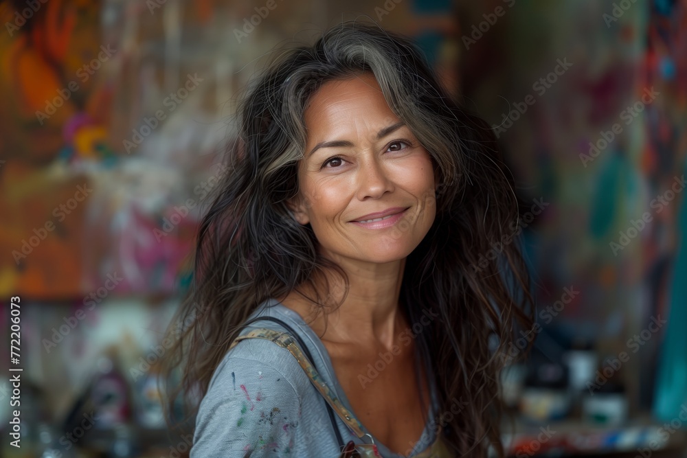 Artist woman with gray hair smiling Artist woman with gray hair smiling