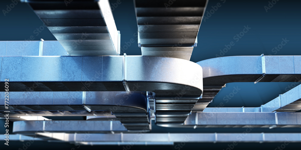 Background with ventilation ducts. Pipes for air purification. Backdrop with industrial utilities. Background with ventilation system. Aluminum ducts in building. Complex ventilation system. 3d image - obrazy, fototapety, plakaty 
