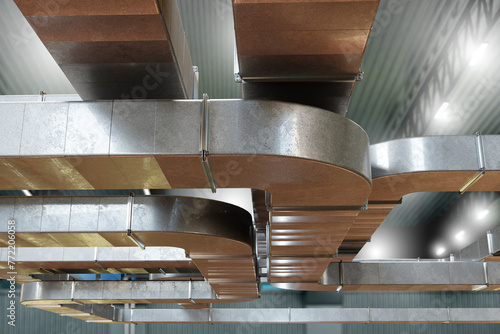 Industrial ventilation installation. Square pipeline under roof. Ventilation installation made of aluminum. Ceiling of industrial workshop. Ventilation installation made of steel. 3d image