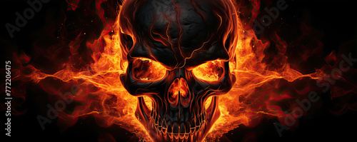 Flaming skull with crack detail on black photo