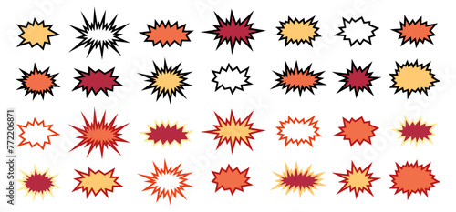comic blast bomb bang boom burst explosion set graphic design pop art illustration retro vintage fun action blow effect decorative bubble dialog message sign frame explode outline cartoon