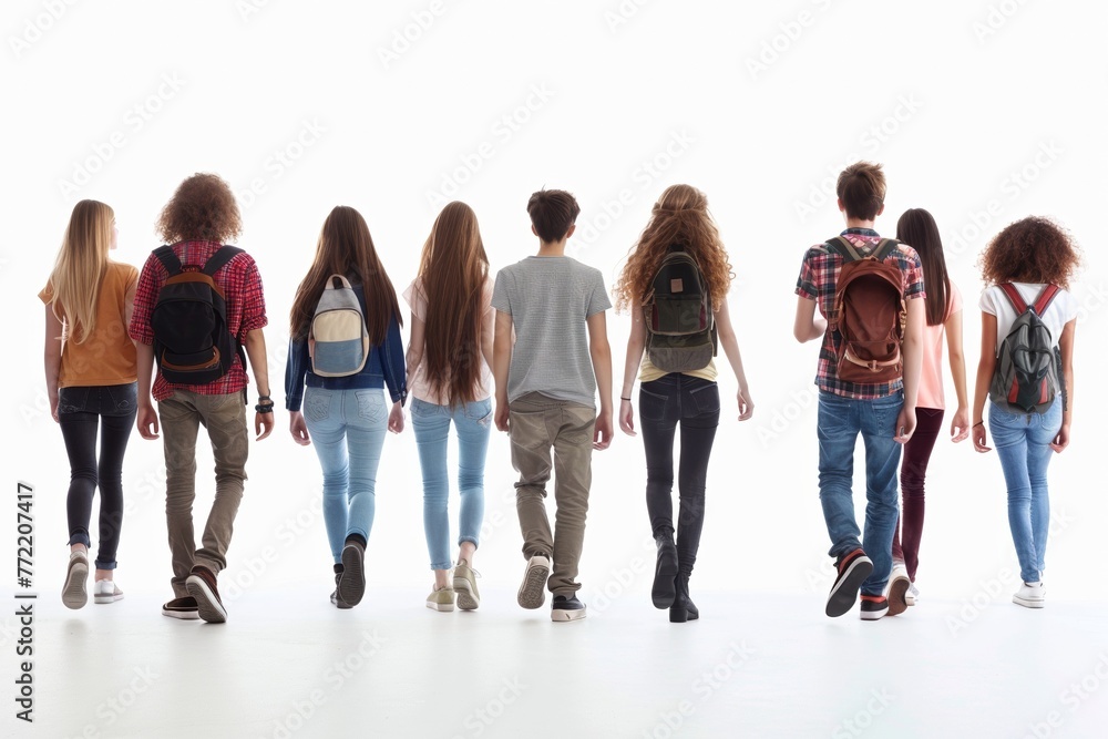 Obraz premium A cheerful group of young friends with backpacks walk together.